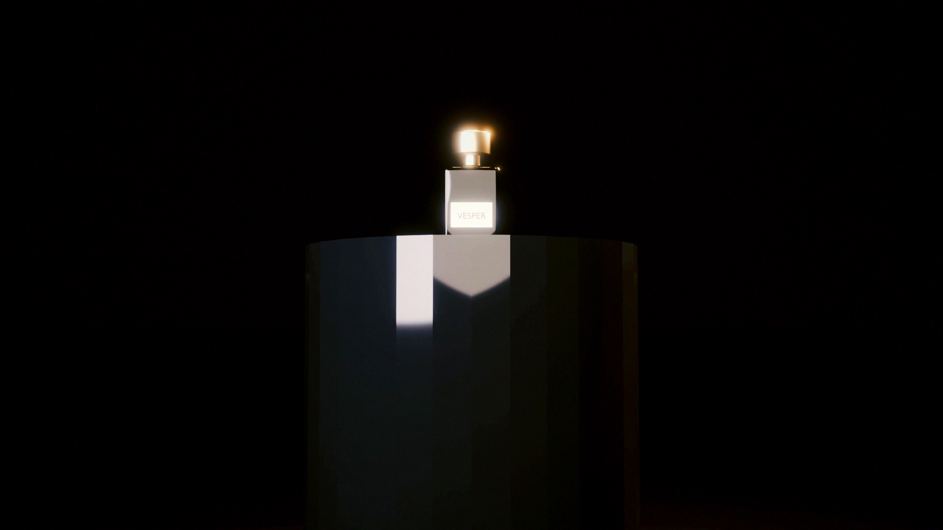 VESPER bottle on a black mirror pedestal at night